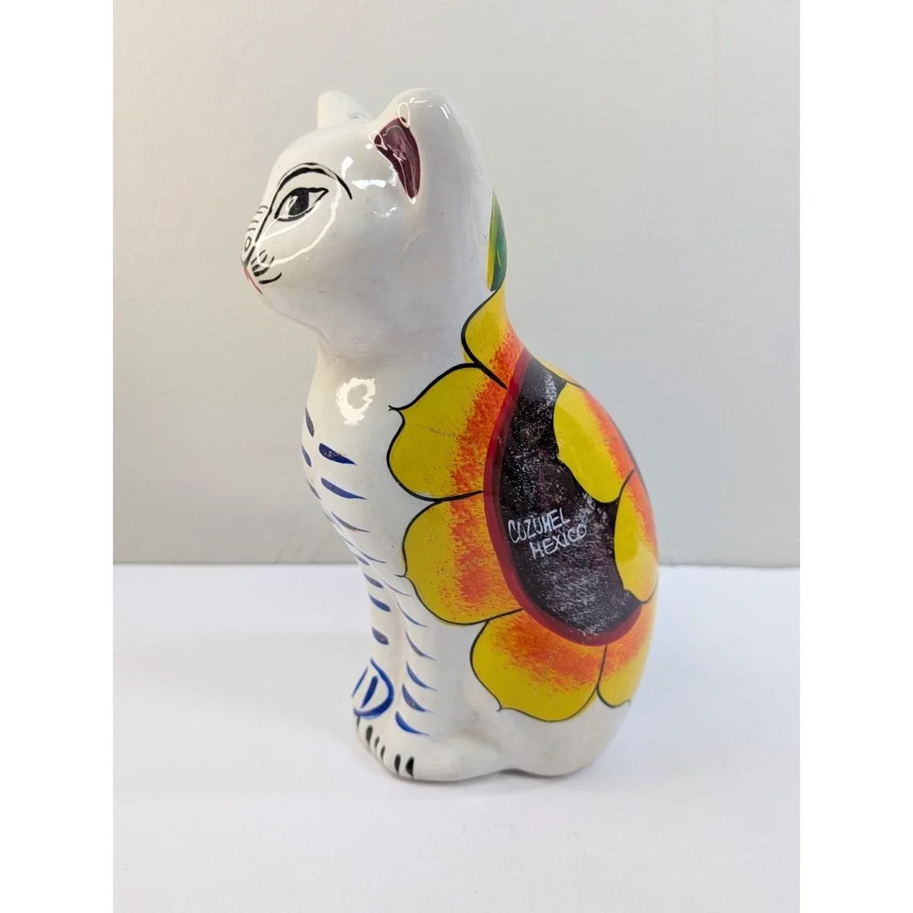 Vintage 80s Folk Art Ceramic Cat Figure 8 1/2 In